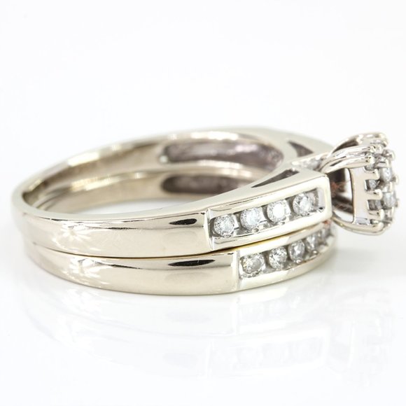 10k White Gold Diamond Cluster Wedding Ring Set - Picture 3 of 5